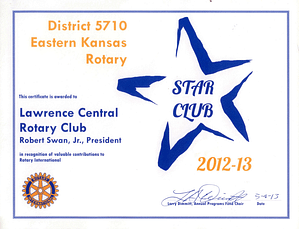 2012-2013 District 5710 Star Award Presented to Lawence Central Rotary