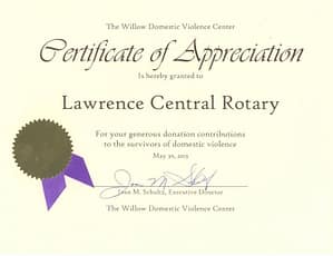 Willow Center Certificate of Appreciation